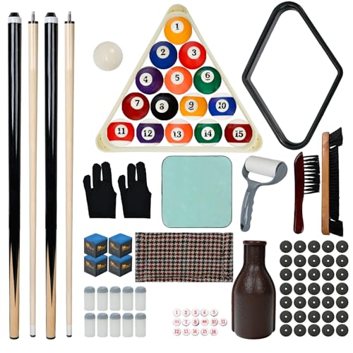 HMQQ 93-Piece Pool Table Accessories Set with Nano Chalk,2-1/4” Billiard Balls,58” Pool Cues,Triangle Racks,Tips, Gloves,Stickers,Cleaning Brush & Cloth–Complete Billiards Kit for Home Game Rooms