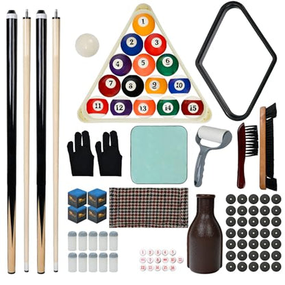 HMQQ 93-Piece Pool Table Accessories Set with Nano Chalk,2-1/4” Billiard Balls,58” Pool Cues,Triangle Racks,Tips, Gloves,Stickers,Cleaning Brush & Cloth–Complete Billiards Kit for Home Game Rooms