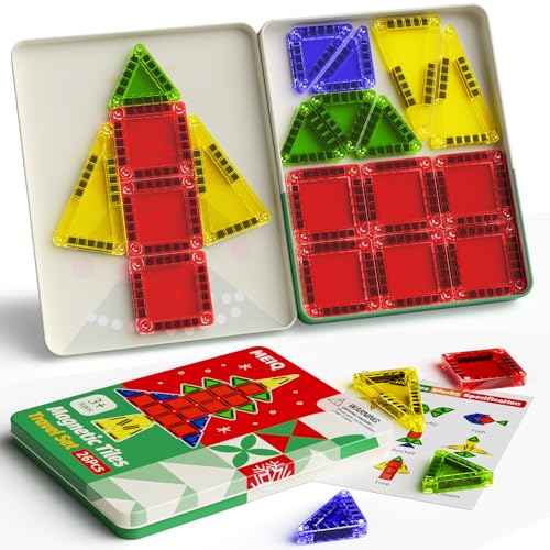 Travel Magnetic Tiles for Kids, 26 PCs Mini Magnetic Building Blocks with Festive Iron Storage Box, STEM Travel Toys for Toddlers Ages 3-5+, Educational Learning Gift for Boys & Girls - size: Travel