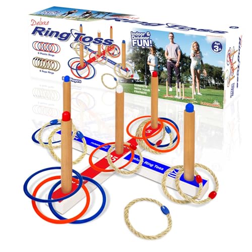 Funsparks Ring Toss Game for Kids & Adults — 16 Rings (8 Rope + 8 Plastic), Wooden Base & Carry Bag — Indoor Outdoor Backyard Lawn Game for Family, Parties, Camping — Ages 4+ Summer Fun Yard Game