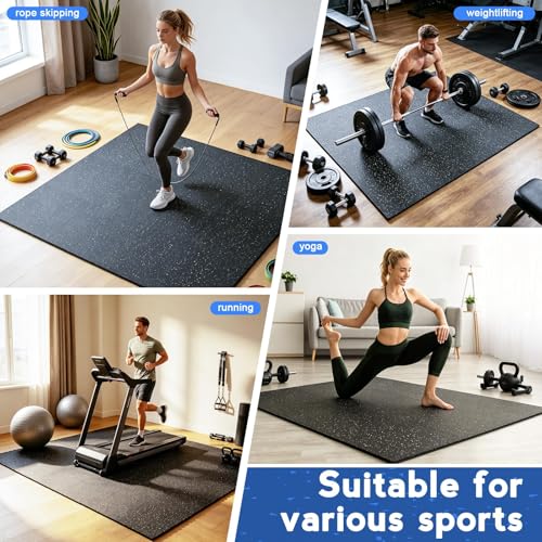 Rubber Gym Floor Mats, 12 Tiles 48 Sq Ft, 0.56" Thick Heavy Duty Gym Flooring for Home Gym, Exercise Equipment Mat for Treadmill, Weightlifting & Workout Area, Non-Slip Protective Flooring