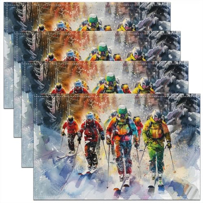 Erosebridal Skiing Sports 12x18 Inch Placemats Set of 4, Tree Snow Skiing Place Mat for Kids Boys Girl, Winter Snowboard Heat Resisting for Dining Kitchen Table, Woodland Mountain Table Mats - color: Golden White