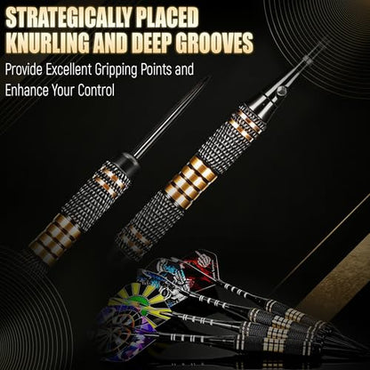 Professional 6 Pack Steel Tip Darts Set - 22 Grams Darts Metal Tip Set in Case - Brass Darts with 12 Aluminum Shafts, 12 Dart Flights, Dart Tool and Dart Sharpener for Beginners to Pros