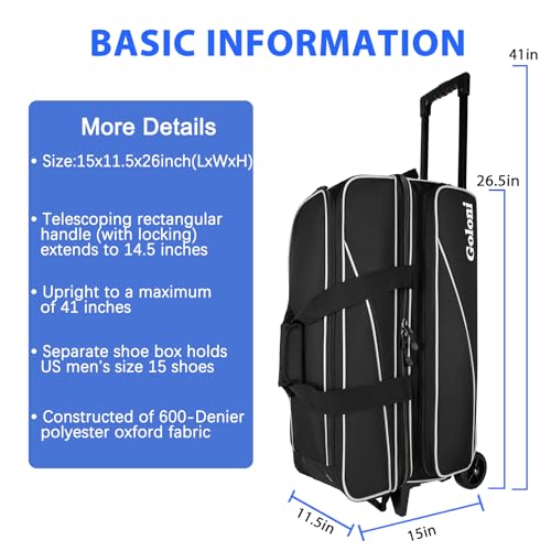 Goloni 3 Ball Bowling Bag with Wheels, Rolling Bowling Roller Bag with Retractable Handle for Balls & Bowling Accessories - color: 3 Ball-Black