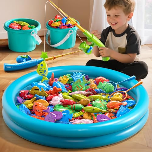 60 Pcs Magnetic Fishing Pool Toys Game for Kids Toddlers, Fishing Water Table Bathtub Toy with Inflatable Pool Pole Rod Net Bucket Plastic Floating Fish, Water Bath Pool Outdoor Toy for Kids Age 3 4 5 - style: 2 rods 2 nets 2 buckets 51 fish