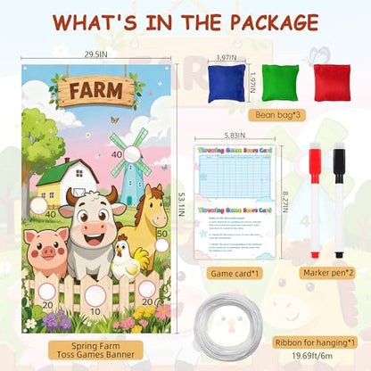Farm Animals Toss Game Birthday Party Supplies Bean Bag Toss Game for Adults, Washable Heavy Duty Outdoor Indoor Throwing Theme Party Game Banner with 3 Bean Bags and 19.6ft String