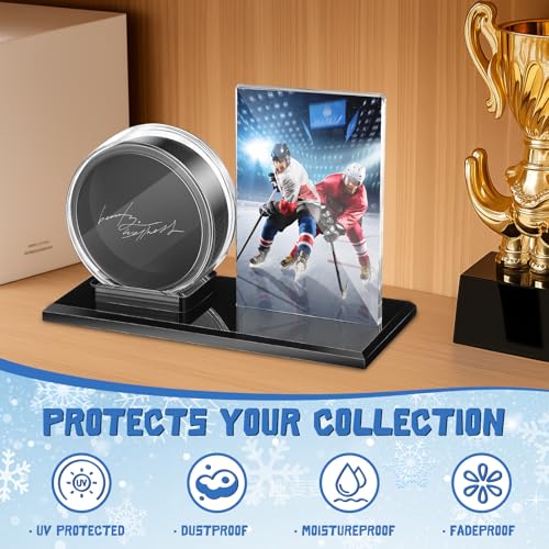 DoubleFill Acrylic Hockey Puck Display Case for Ball and Cards Clear Ball Holder Ring Stand Set Hockey Puck Centerpieces Protector Memorabilia Showcase