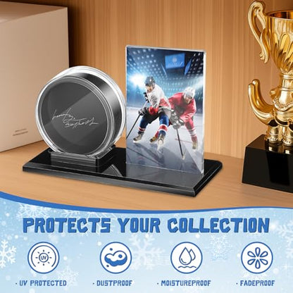 DoubleFill Acrylic Hockey Puck Display Case for Ball and Cards Clear Ball Holder Ring Stand Set Hockey Puck Centerpieces Protector Memorabilia Showcase