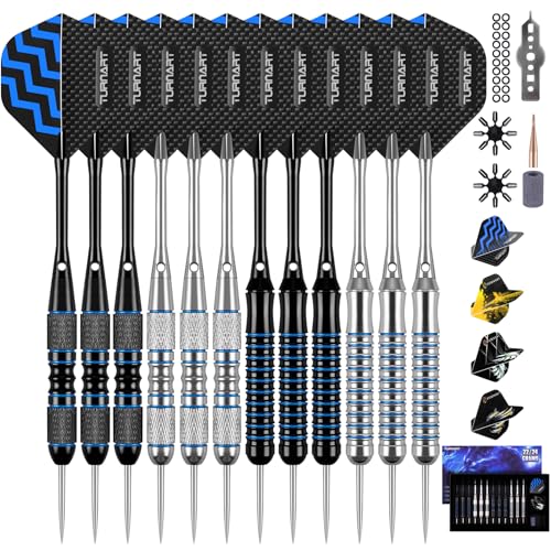 Turnart Darts Metal Tip Set - Steel Tip Darts Darts Set Professional Metal Darts 12 pcs 22/24 Grams Pro Dart Set with Stylish Case Aluminum Shafts Extra 9 Flights - color: Blue