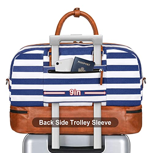 Weekender Bag for Women, Large Overnight Bag Canvas Travel Duffel Bag Carry On Tote with Shoe Compartment 21" 3Pcs Set - color: A14-brown+blue & white stripes