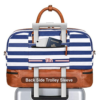 Weekender Bag for Women, Large Overnight Bag Canvas Travel Duffel Bag Carry On Tote with Shoe Compartment 21" 3Pcs Set - color: A14-brown+blue & white stripes