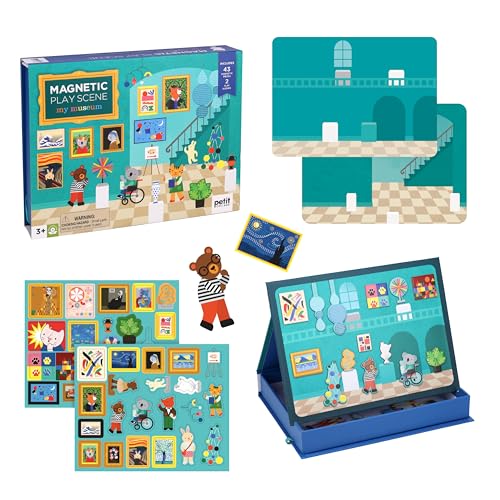 Petit Collage: My Museum Magnetic Play Scene - Fill the Museum with Iconic Art Pieces and Take Your Animal Friends on a Tour- Includes 2 Play Scenes and Over 40 Play Pieces - Great Travel Activity - color: My Museum