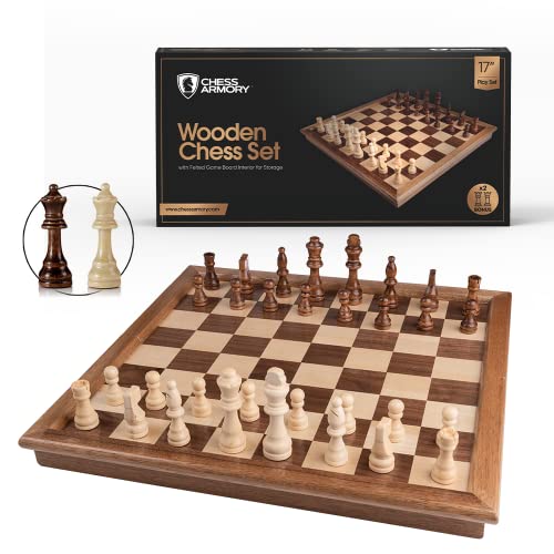 Chess Armory Wooden Chess Set – 17-Inch Large Chess Board with Felted Storage Box, Extra Queens & Handcrafted Staunton Pieces