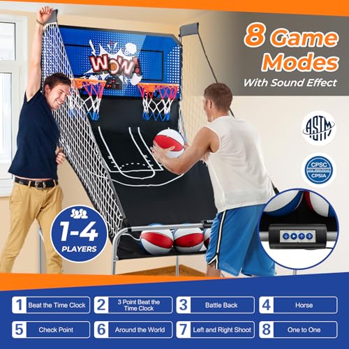 GYMAX Arcade Basketball Game Indoor Foldable with 8 Game Modes, Arcade Sound, 4 Balls and Inflation Pump, Electronic Basketball Games for Home - color: Blue