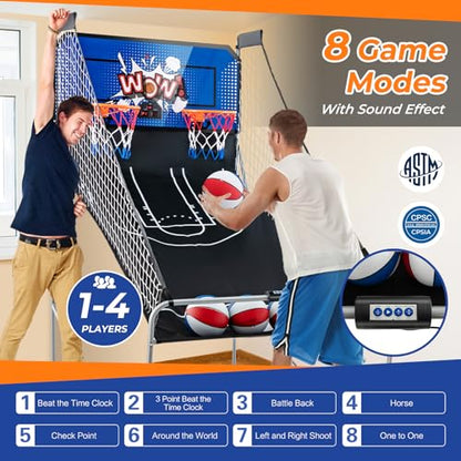 GYMAX Arcade Basketball Game Indoor Foldable with 8 Game Modes, Arcade Sound, 4 Balls and Inflation Pump, Electronic Basketball Games for Home - color: Blue