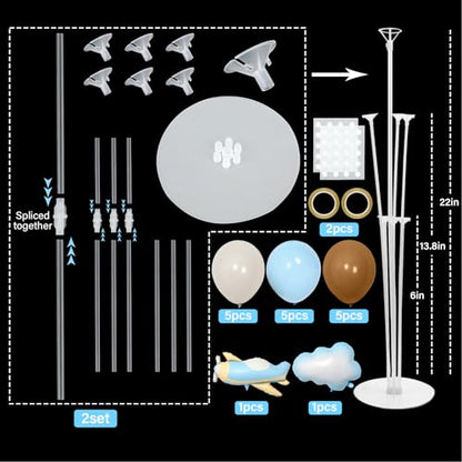 Airplane Baby Shower Birthday Party Decorations Balloons Stand Kit 2 Sets with 2 Airplane Cloud Foil Balloons Baby Boy Shower Balloon Centerpiece for Table for Kid Time Flies 1st Birthday Party Decor - style: Airplane Cloud