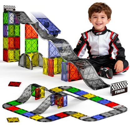 Magnetic Downhill Racer Set 40-Piece with Car & Tracks, STEM Magnetic Tiles Building Toys for Kids Ages 3-8, Montessori Learning Toys with Reinforced Slopes & Loop Pieces - size: 40 Pieces