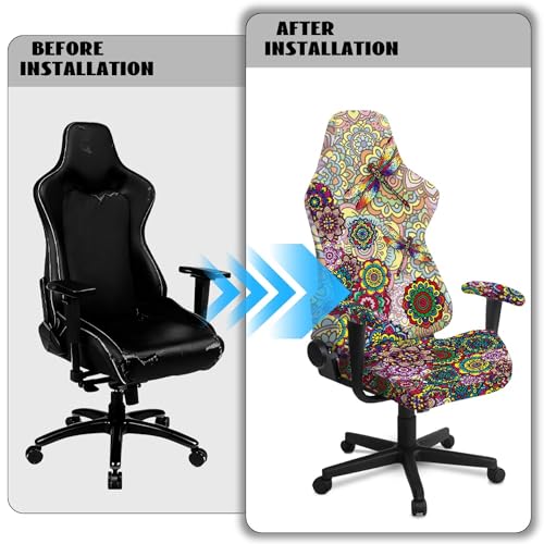 Dragonfly Print Gaming Chair Covers Slipcovers Bohemian Mandala Flower Print Game Chair Cover with Armrest Covers Skin Friendly Breathable - color: Multi - Dragonfly Bohemian Mandala Flower