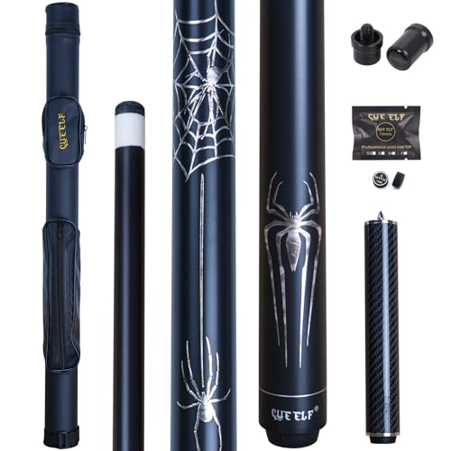 CUEELF 58" 2-Piece Low Deflection Pool Cue Spider Pattern, Spray Black Maple Forearm with Carbon Fiber Extension, 1x1 Hard Case, Joint Protectors & Replacement Tip - color: Silver, size: 21 oz