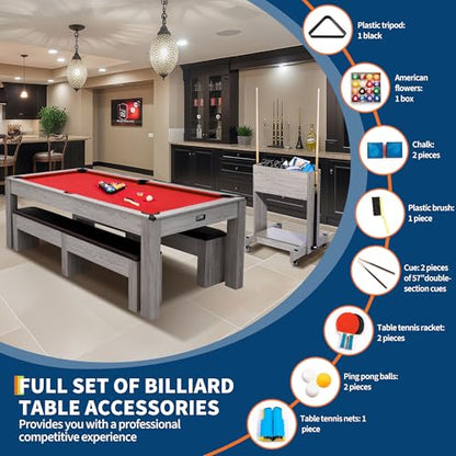 7FT 3-in-1 Pool Table - Convertible Billiard, Dining Table & Ping Pong | Includes Rolling Storage Cart, Cue Sticks, Balls, Table Tennis Set | Space-Saving Game Table for Home & Game Rooms - color: Red