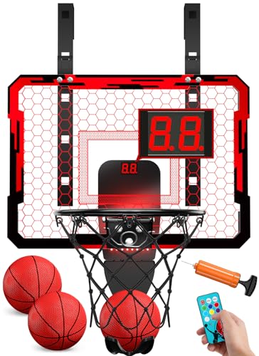 QDRAGON Mini Basketball Hoop, Over The Door Indoor, with 3 Balls/Inflator/Breakaway Rim, Basketball Toy Gifts for Kids and Adults, Suit for Bedroom/Office/Outdoor, Red with Scoreboard & 7 Light - color: Red