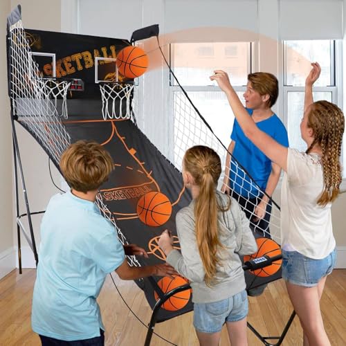 Electronic Scoring Shooting Machine,Folding Basketball Arcade Game,Double Basketball Shooting Machine,with 5 No. 3 Basketballs,Folding,for Easy Storage (A) - color: A
