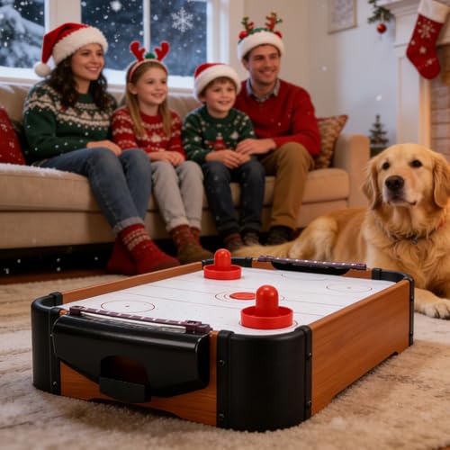 Table Air Hockey Game - Portable Wooden Mini Trampoline Game Tabletop Fun | Compact Air Hockey Desk for Adults, Family & Kids | Birthday Christmas New Year Parties for