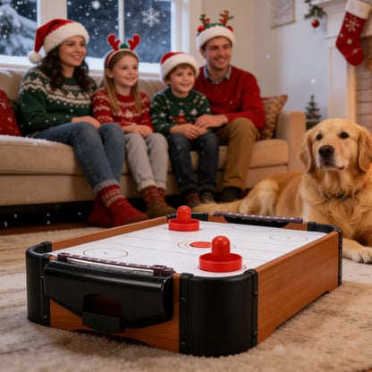 Table Air Hockey Game - Portable Wooden Mini Trampoline Game Tabletop Fun | Compact Air Hockey Desk for Adults, Family & Kids | Birthday Christmas New Year Parties for