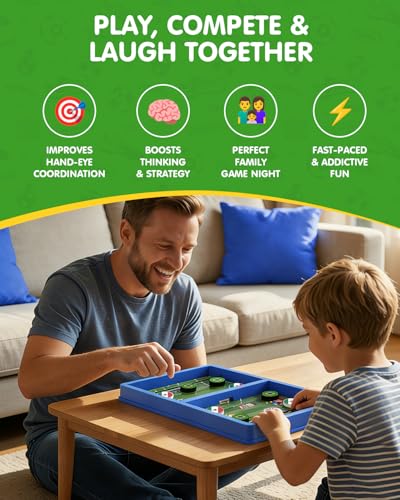 Sling Puck Game – Fast Slingshot Board Game with Soccer Theme Panel – Includes 10 Country Stickers + Soccer Ball Stickers for Pucks – 2 Player Tabletop Hockey Family Night – Kids Games Ages 3+
