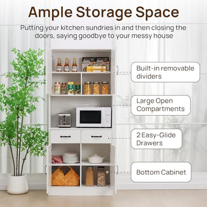 71" Tall Kitchen Pantry Cabinet，Farmhouse Storage Cabinet with Barn Doors and Adjustable Shelves, Heavy Duty White Microwave Cabinet with Drawers for Dining Room, Living Room - color: White, style: Pantry Cabinet