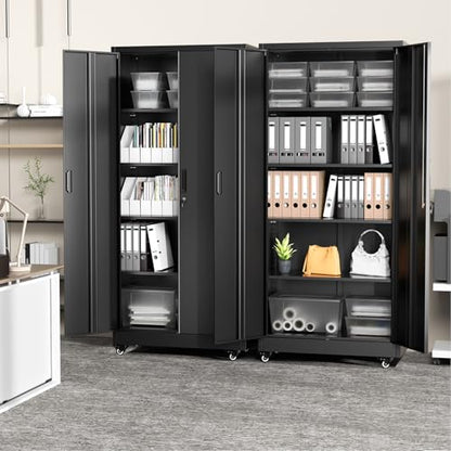 Greenvelly 73" Metal Storage Cabinet with Wheels, Lockable Rolling Metal Garage Cabinets with 2 Doors and 4 Adjustable Shelves, Rolling Tool Cabinet for Garage, Home Office, School - color: Black, style: 73"H-Wheels