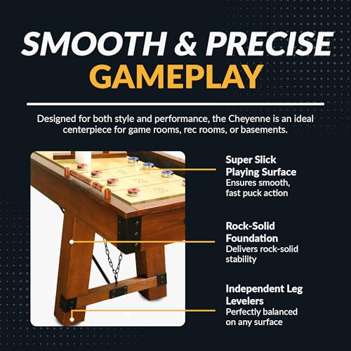Hathaway Cheyenne 12 Ft Shuffleboard Table for Family Arcade Game Room - with Poly-Coated Playfield, Built-in Scorer & Cabinet, Climate Adjusters, Leg Levelers, 8 Pucks, Brush & Wax – Rustic Oak