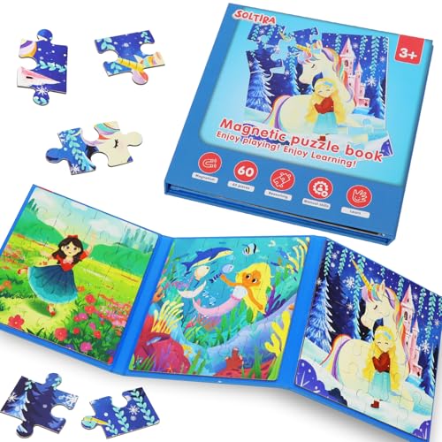 Magnetic Puzzles for Toddlers 3-5 60PCS 3 Unicorn Mermaid Princess Themes Puzzle Magnetic Puzzles for Girls 4-6 Travel Puzzles or Airplane/Car/Road Trip Gift Toys for Girls 4-8 Years Old - color: Blue Princess