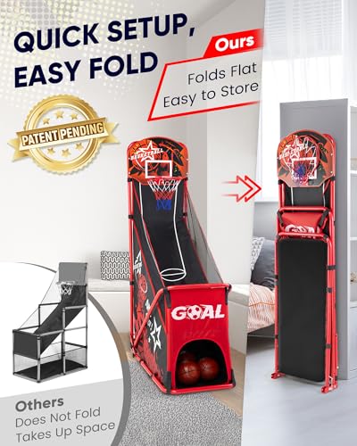 Foldable Basketball Arcade Game for Kids: 2 in 1 Basketball Hoop and Soccer Goal Set with Sturdy Metal Frame - Portable Indoor Outdoor Sports Toys for Boys Girls Ages 3-8