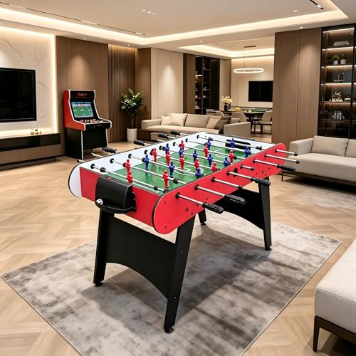 Table Soccer Game Table, Mini Foosball Table for Adults, Compact Indoor Football Table Games with Smooth Rods and Scoreboard, Includes 2 Balls for Home Game or Office Entertainment, Red