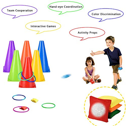 31 PCS Christmas Carnival Games, 3 in 1 Indoor Outdoor Bean Bag Ring Toss Games for Kids Birthday Party, Plastic Soft Cones Yard Lawn Game for Family Party Kid's Gift - size: 9"