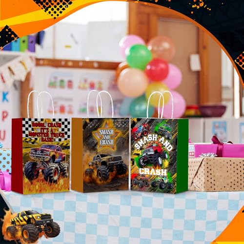 Kolldenn 48 Pcs Monster Truck Themed Goodie Bags with Handles Paper Truck Theme Gift Bag Racing Car Party Favors Candy Treat Pouch for Birthday Decorations Baby Shower Supplies - style: Truck