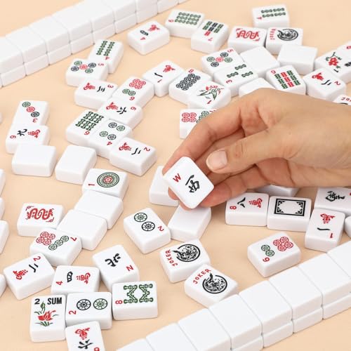 American Mahjong Tile Set,166 White Tiles Mahjong Set,4 Colors Mahjong Racks,Travel Mahjong Set with Green Carrying Bag - style: Green Bag