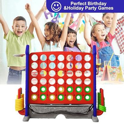 4-to-Score Giant Game Set, 4-in-1 Indoor Outdoor Yard Family Connect Game (4-in-a-Row + Basketball + Ring Toss + Mini Golf), Height Adjustable 2.5–3.3FT, Includes Carry Bag - size: 43"x16"x38"-Blue&Red