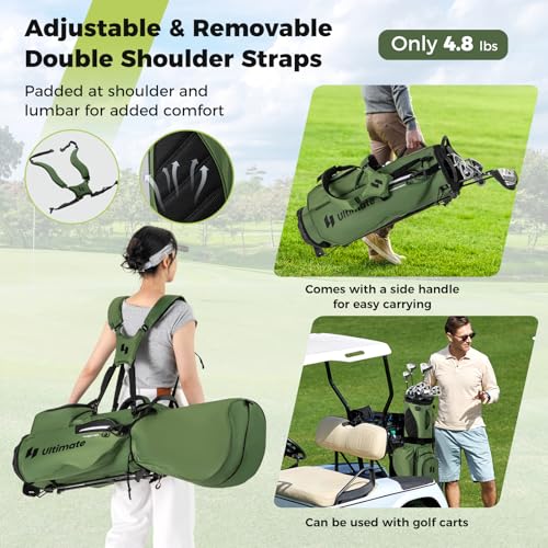 ULTIMATE Golf Stand Bag, 8-Way Golf Bag with 5 Pockets, Rain Hood, Detachable Dual Shoulder Strap, Lumbar Pad, Handles, Portable Golf Club Bag for Men & Women - color: Green