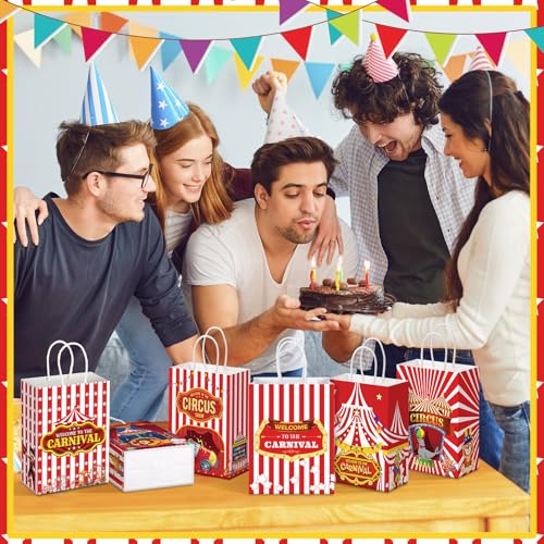 Kolldenn 48 Pcs Carnival Party Favor Bags Circus Gift Goodie Paper Bags with Handles Red White Stripe Circus Treat Candy Pouch for Carnival Party Supplies Birthday Mardi Gras Decorations - style: Circus