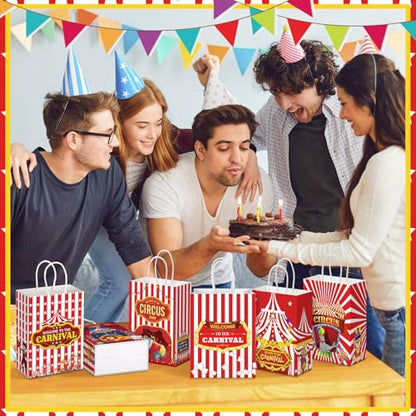 Kolldenn 48 Pcs Carnival Party Favor Bags Circus Gift Goodie Paper Bags with Handles Red White Stripe Circus Treat Candy Pouch for Carnival Party Supplies Birthday Mardi Gras Decorations - style: Circus