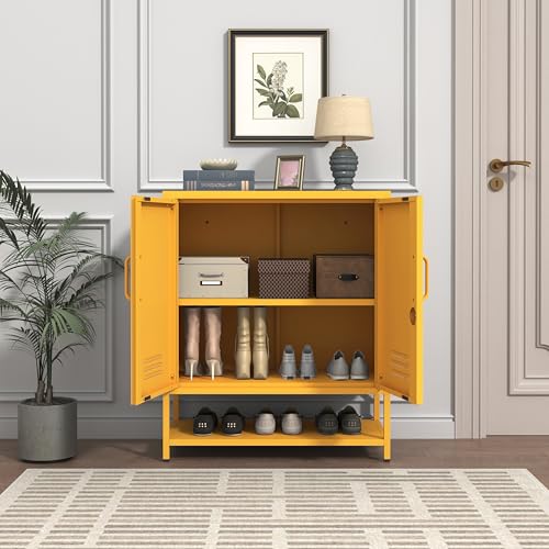 Wide 3-Tier Metal Shoe Storage Cabinet, Multifunctional Household Shoe Organizer with Adjustable Shelves for Home & Entryway Yellow 33" H X 29.5" W X 13.8" D - color: Mustard, style: Cabinet-33"H-AP