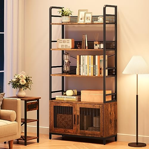 GarveeHome Bookshelf with Doors Industrial Bookcase with 4 Tiers Open Storage Shelf 70.87 in Tall Bookshelves Rustic Display Rack Cabinet for Bedroom, Living Room, Home Office, Brown