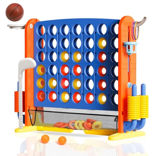 Giant 4-in-A-Row Connect Game Set, Adjustable Height Jumbo Yard Game with Golf, Basketball Hoop, Ring Toss & Mesh Pocket, Indoor & Outdoor Yard Connect Game for Kids Adults Family - color: Blue