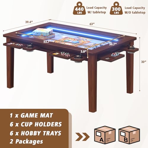 Haddockway Solid Wood Board Game Table with Colorful Led Lights, Dining/Gaming Table for 4-6 Players with Charge Station,Removable Top, Play Mat, 6 Cup Holders & Trays (Warm Walnut) - color: Solid Wood Blackwalnut With Led Light