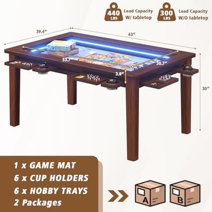Haddockway Solid Wood Board Game Table with Colorful Led Lights, Dining/Gaming Table for 4-6 Players with Charge Station,Removable Top, Play Mat, 6 Cup Holders & Trays (Warm Walnut) - color: Solid Wood Blackwalnut With Led Light