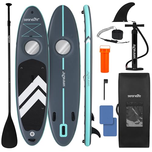 SereneLife 10’6” Inflatable Stand Up Paddle Board with Premium SUP Accessories - 32” Wide Stable Design with Non-Slip EVA Deck Pad, for Youth and Adults, 350 lbs. Capacity - color: Window - Grey