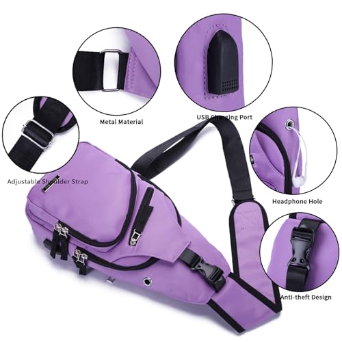 Seoky Rop Men Women Sling Backpack Nylon Water Resistant Shoulder Chest Crossbody Sling Bag with USB Charging Port - color: Purple