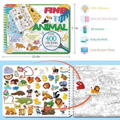 Kalysky Find the Animal Sticker Book for Kids Ages 4-8 | 400+ Stickers | Travel Activity for Plane, Car & Road Trip - color: Animal